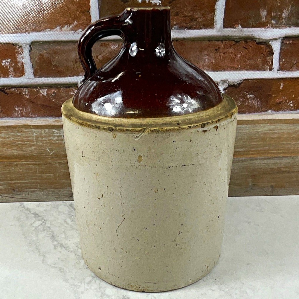 1 Gallon Stoneware Ceramic Jug w/ Handle, Brown/Beige Glossy Glaze, Solid 11"